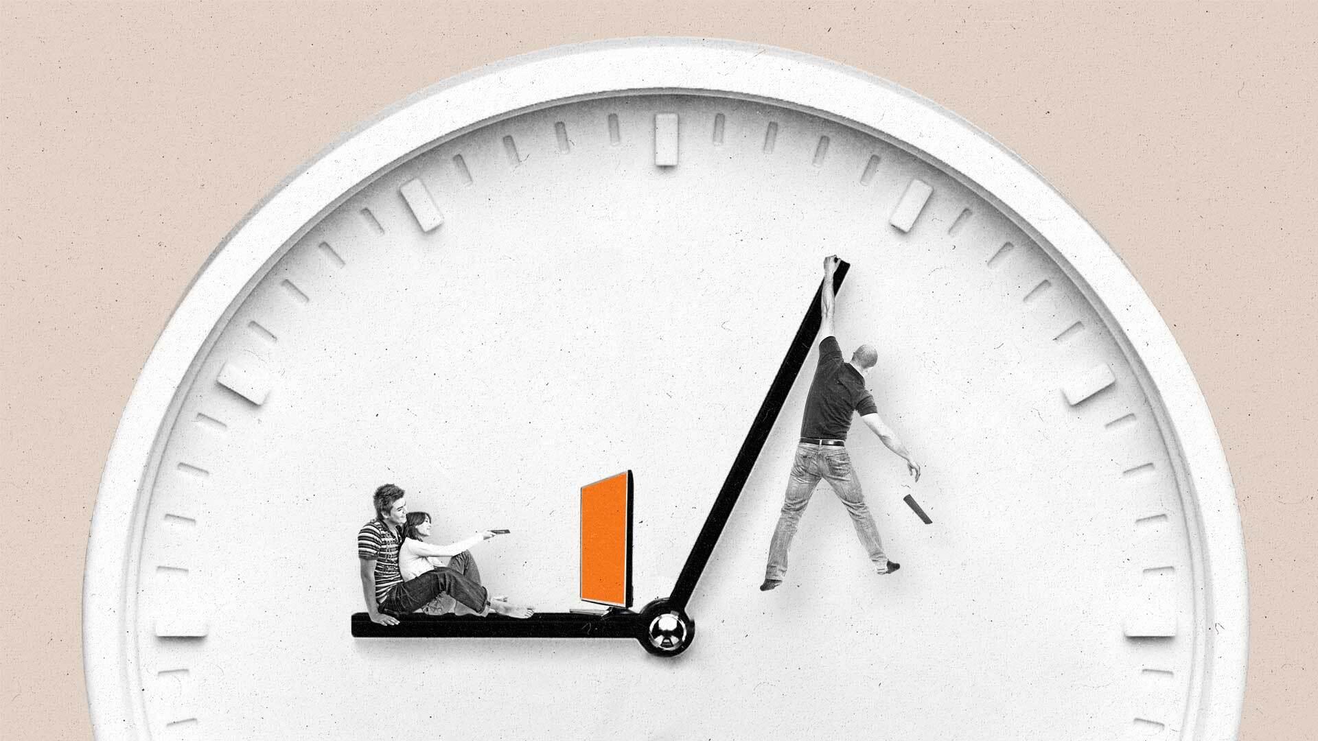 Ticking clock with man hanging off one hand of the clock dropping a TV remove and a couple sitting on the other hand watching TV.