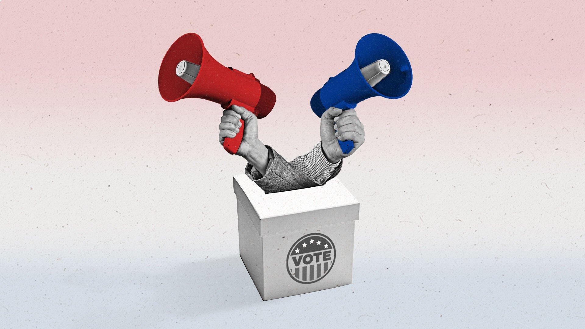 Two hands emerge from a voting ballot box holding a red speakerphone and a blue speakerphone on a red white and blue background.