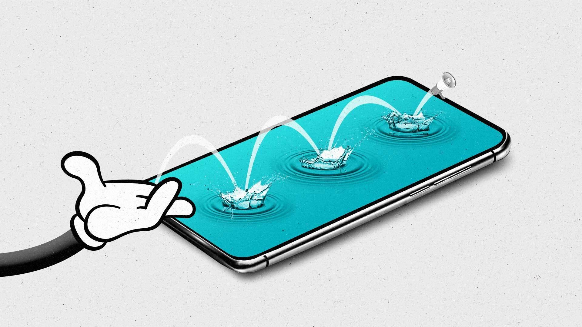 A gloved cartoon hand skips a small megaphone across the surface of a smartphone.