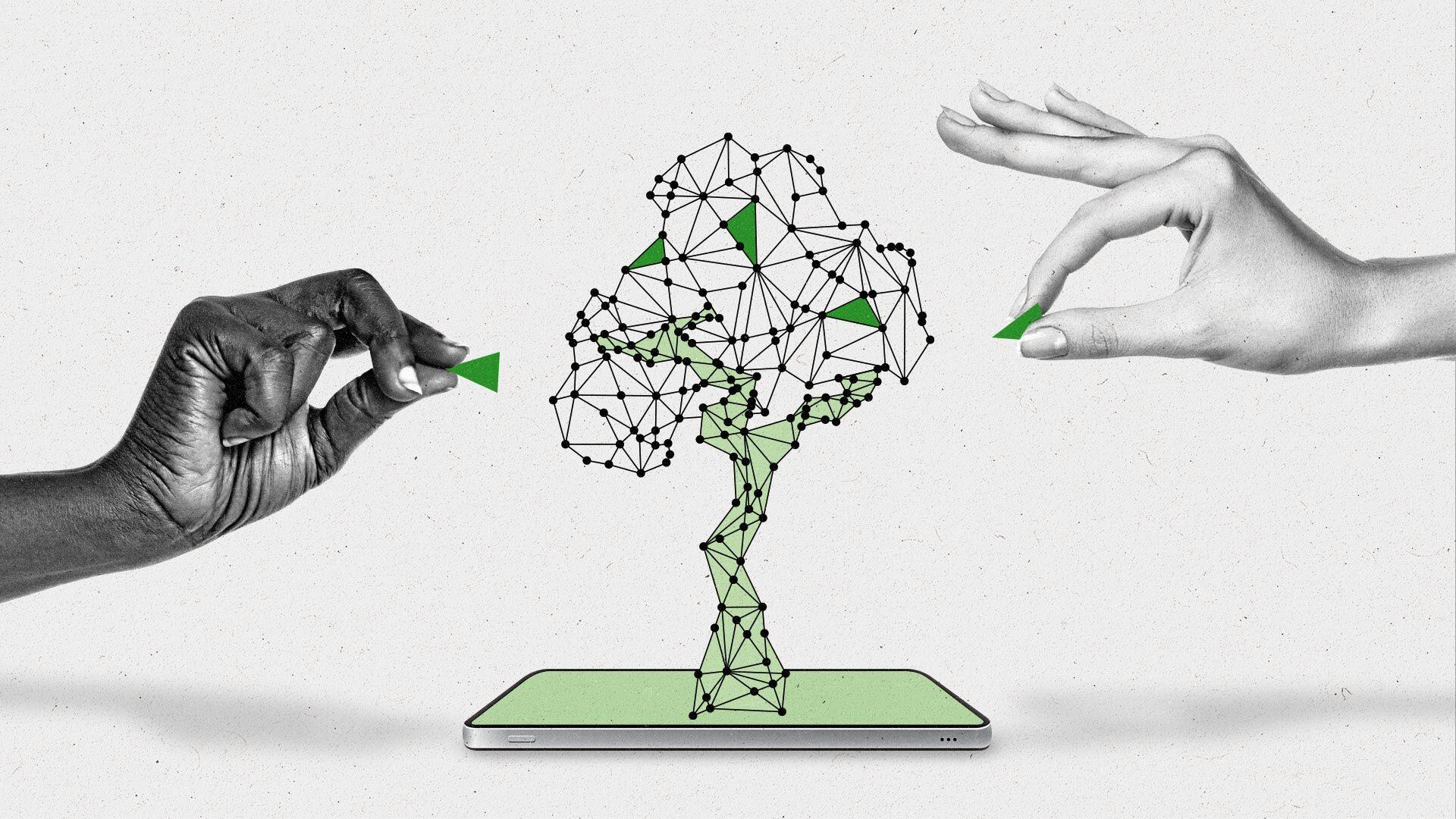 Two hands place green triangles onto the wireframe of a tree growing from a smartphone.
