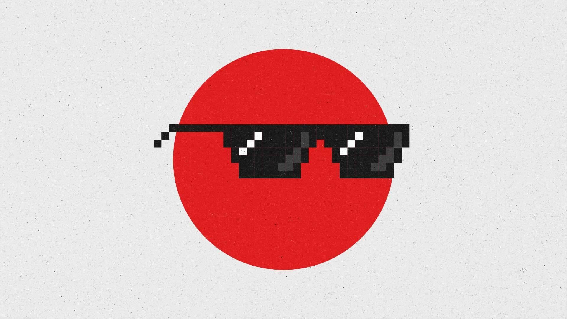 A red circle wears pixelated black sunglasses.