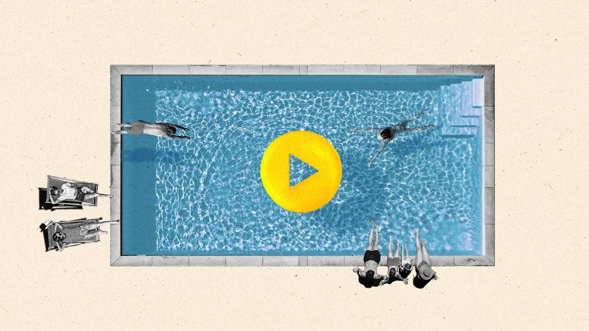 People swim in a pool with a yellow pool floatie in the middle of the water resembling a play button.