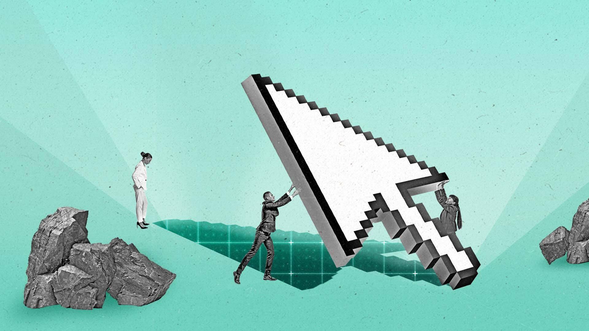 Two businesspeople lift a giant cursor to see the glowing space underneath.