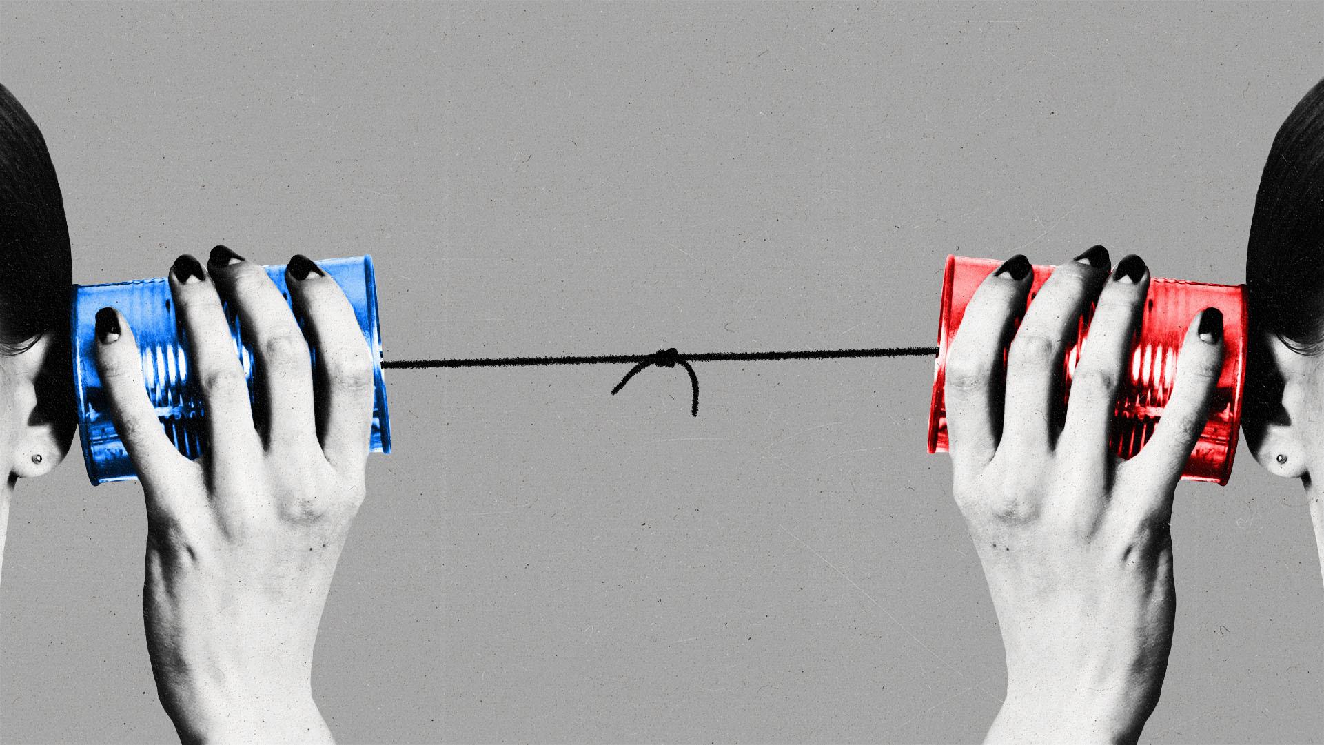 Two hands holding blue and red can phones to their ears, with the string tied together in the middle.