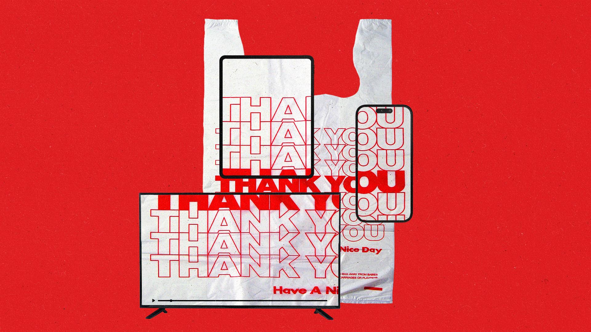 A "Thank You" plastic shopping bag seen through the screens of a TV, smartphone and tablet.