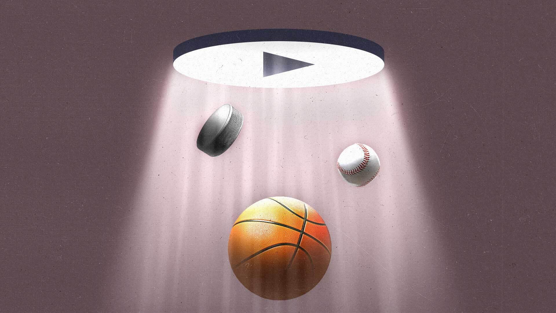 A basketball, hockey puck and baseball suspend in air below a glowing 'play' button.