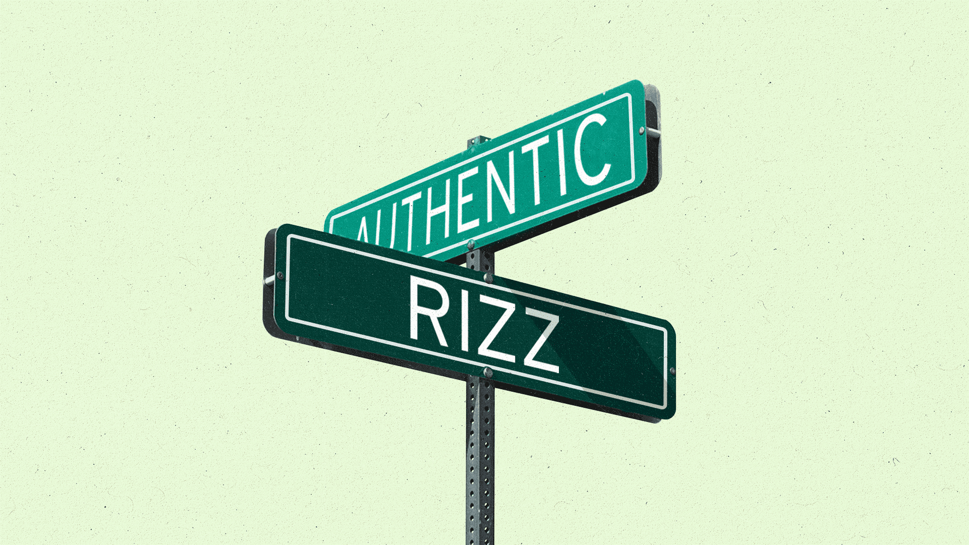 Two street signs on one pole forming an 'x.' The top says 'authentic' and the bottom says 'rizz.'