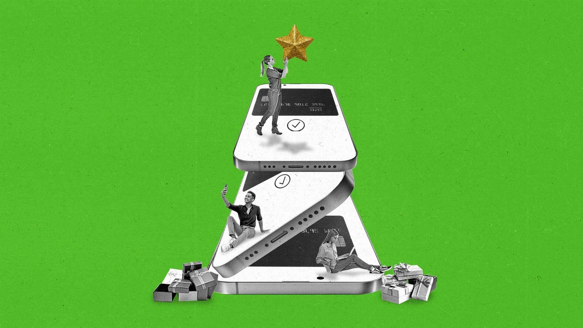 Gen Zers interact with devices and hold up a star above three smartphones in a "Z" formation.