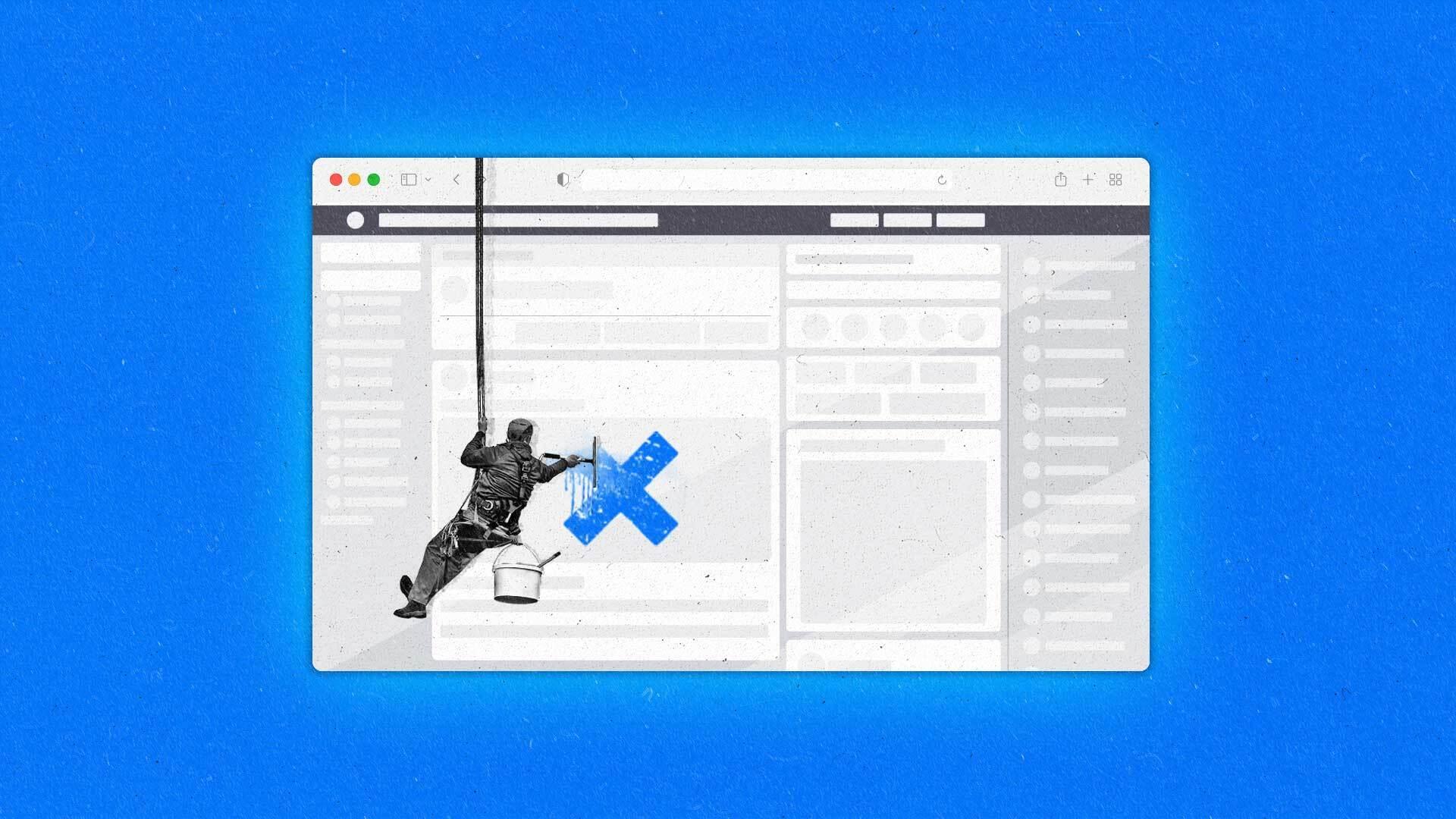 Suspended window cleaner marks an 'X' in a web browser window.