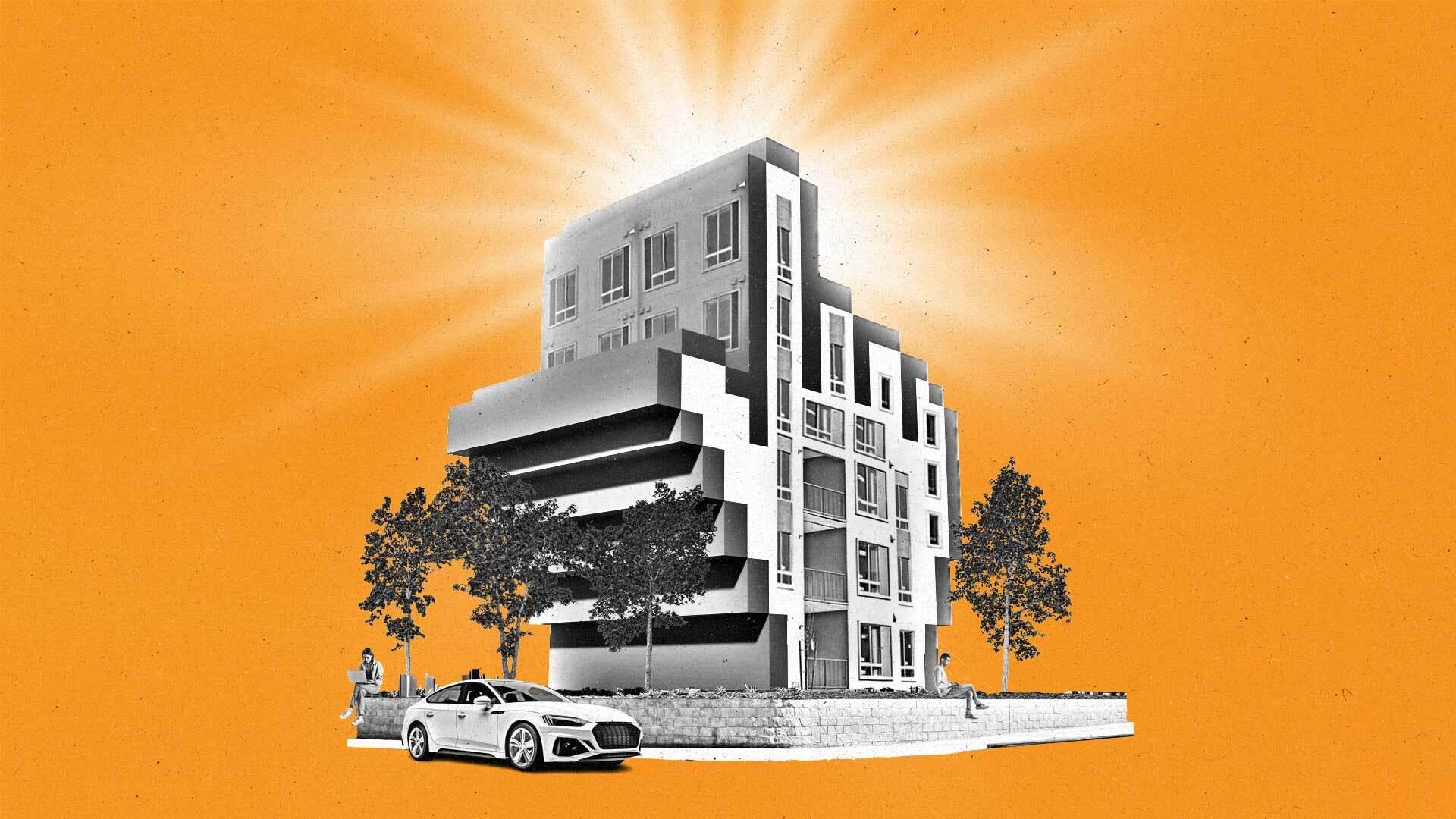 A building shaped like a finger cursor emits a bright light from the tip of its finger as people sit around it on devices.