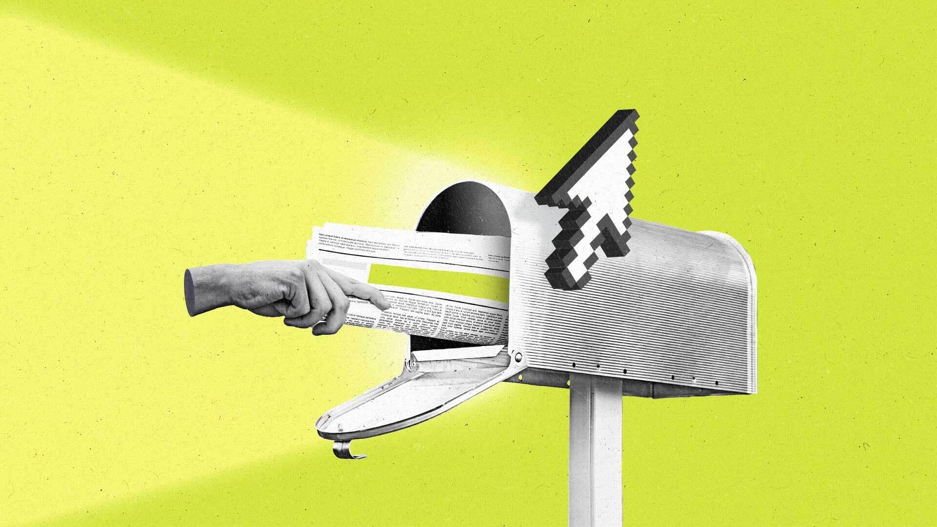 Hand puts a newspaper into a mailbox with a mouse cursor as the mailbox flag.