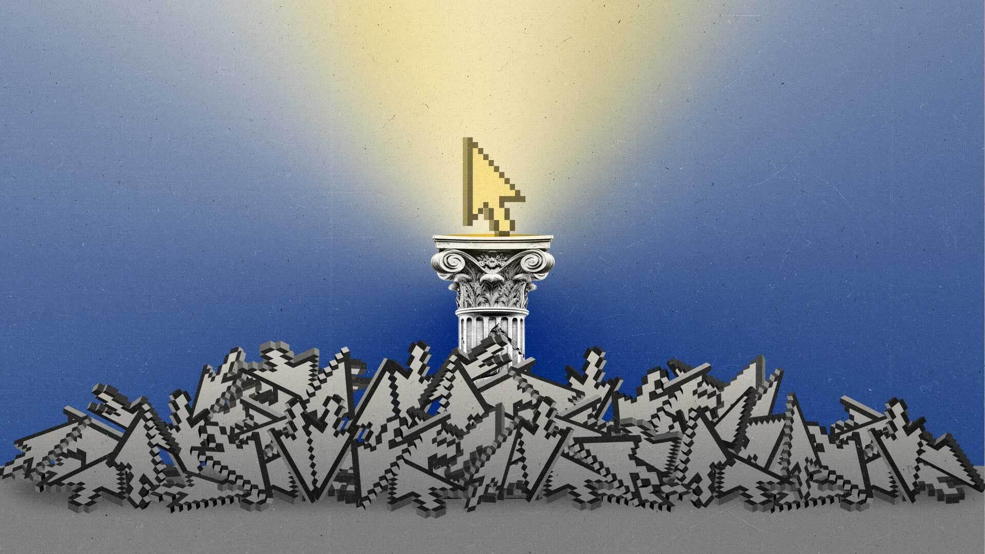 Above a pile of cursors, a glowing cursor on a pedestal emits light.