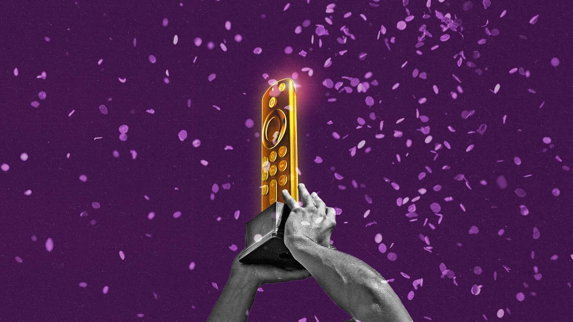 Hands hold a trophy in the shape of a CTV remote with confetti surrounding them.