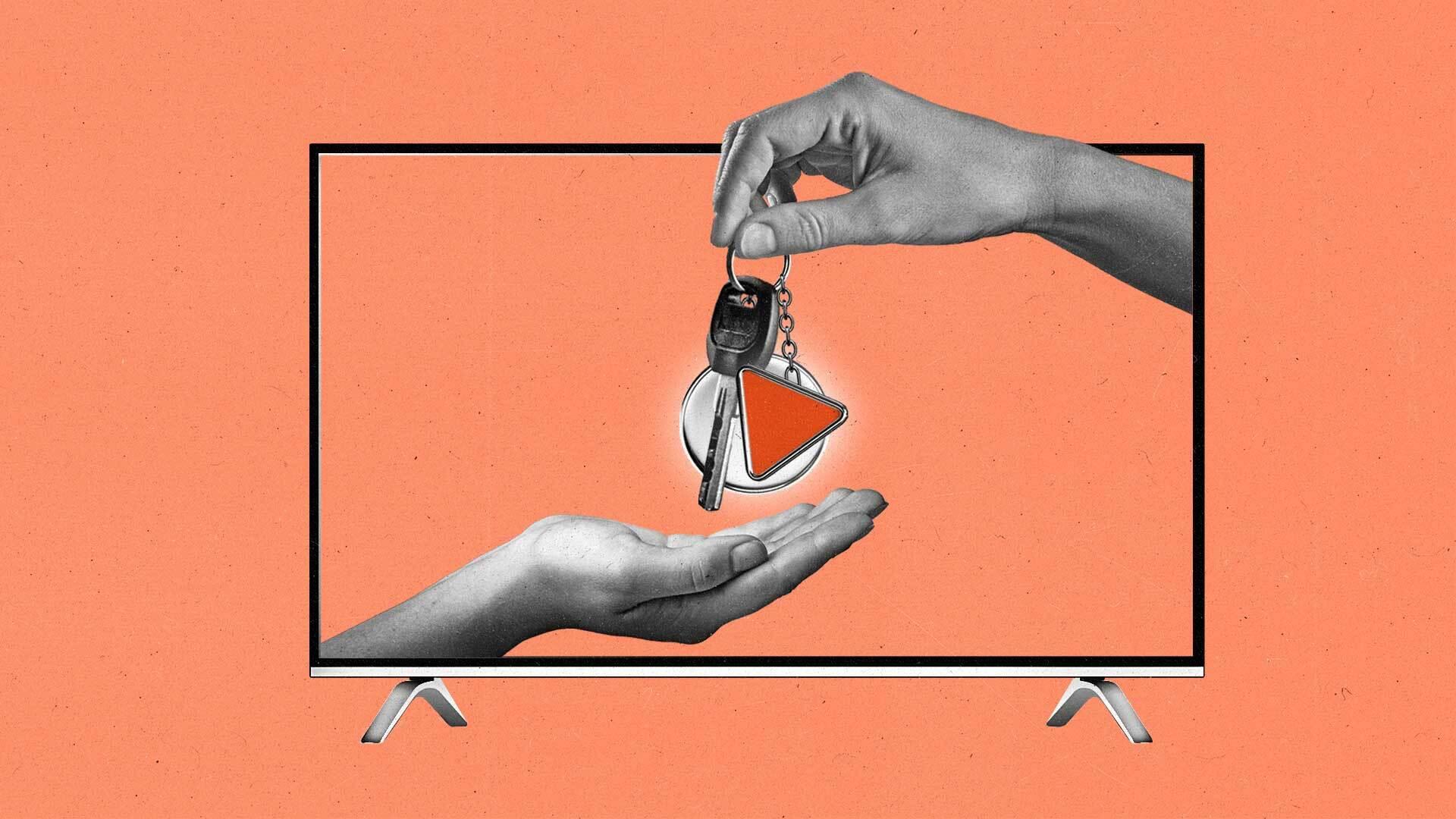 Hands share a set of car keys on a TV screen with a play button.