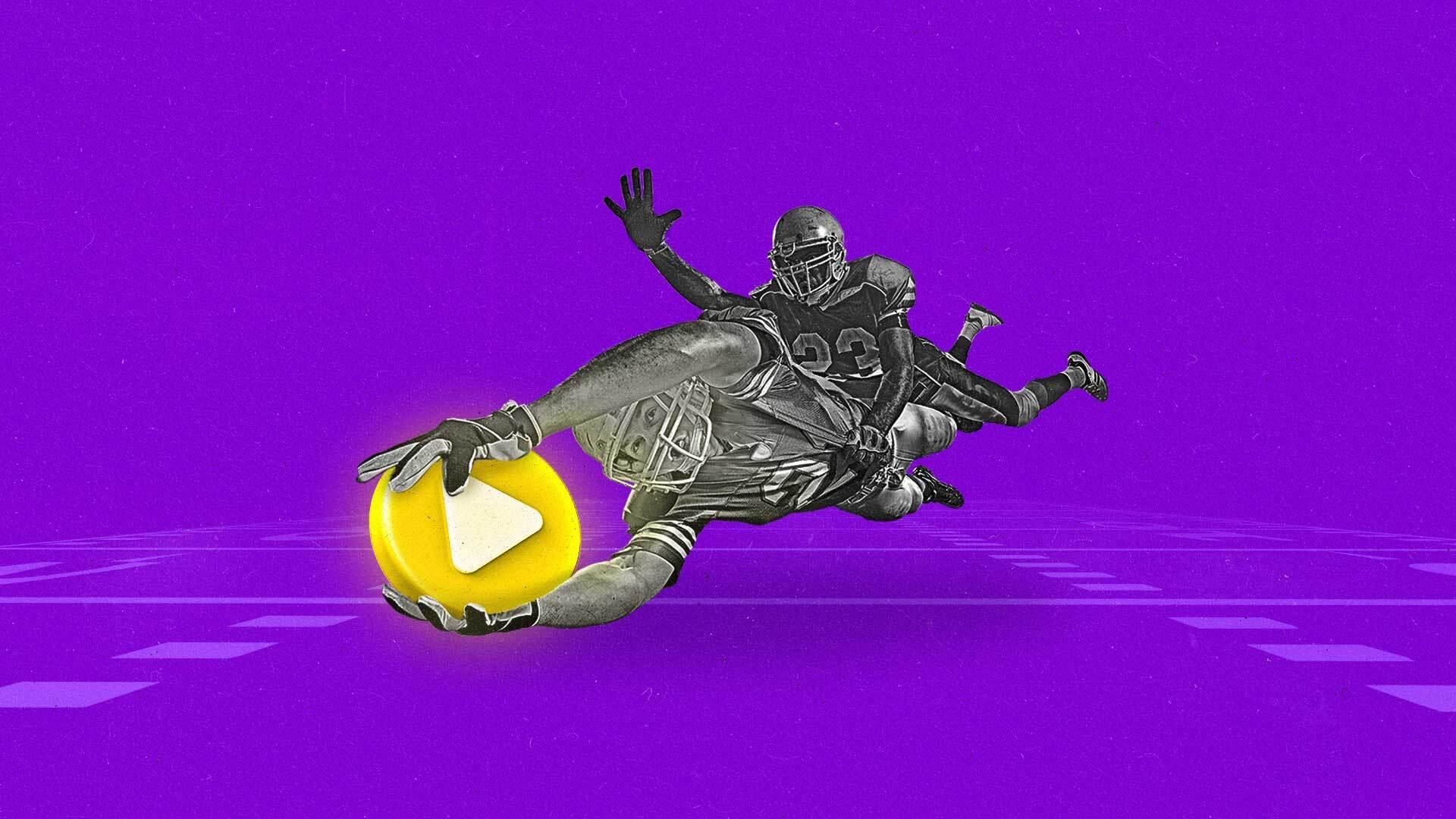 Two football players dive for a touchdown with a football in the shape of a play button.