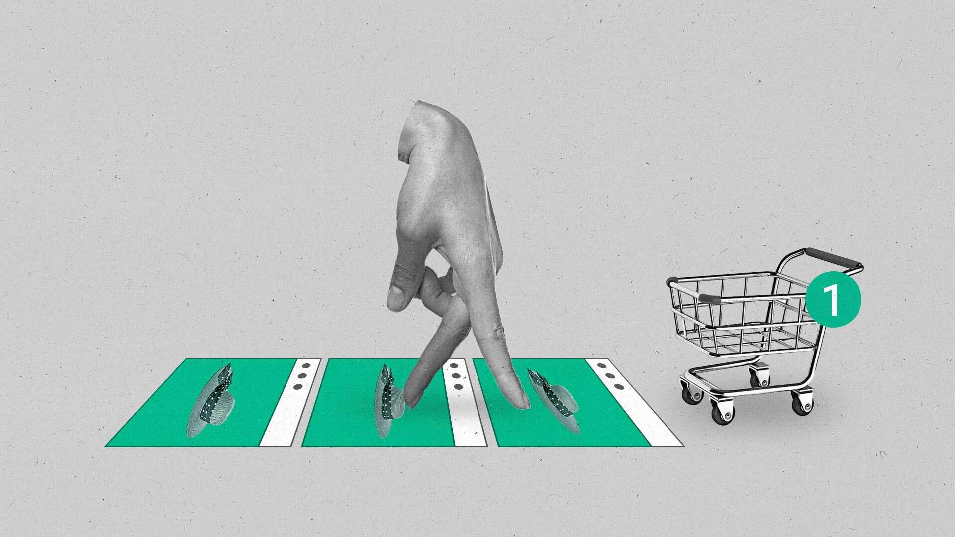 A hand walks past a variety of ads for a hat on the floor to a shopping cart containing the hat.