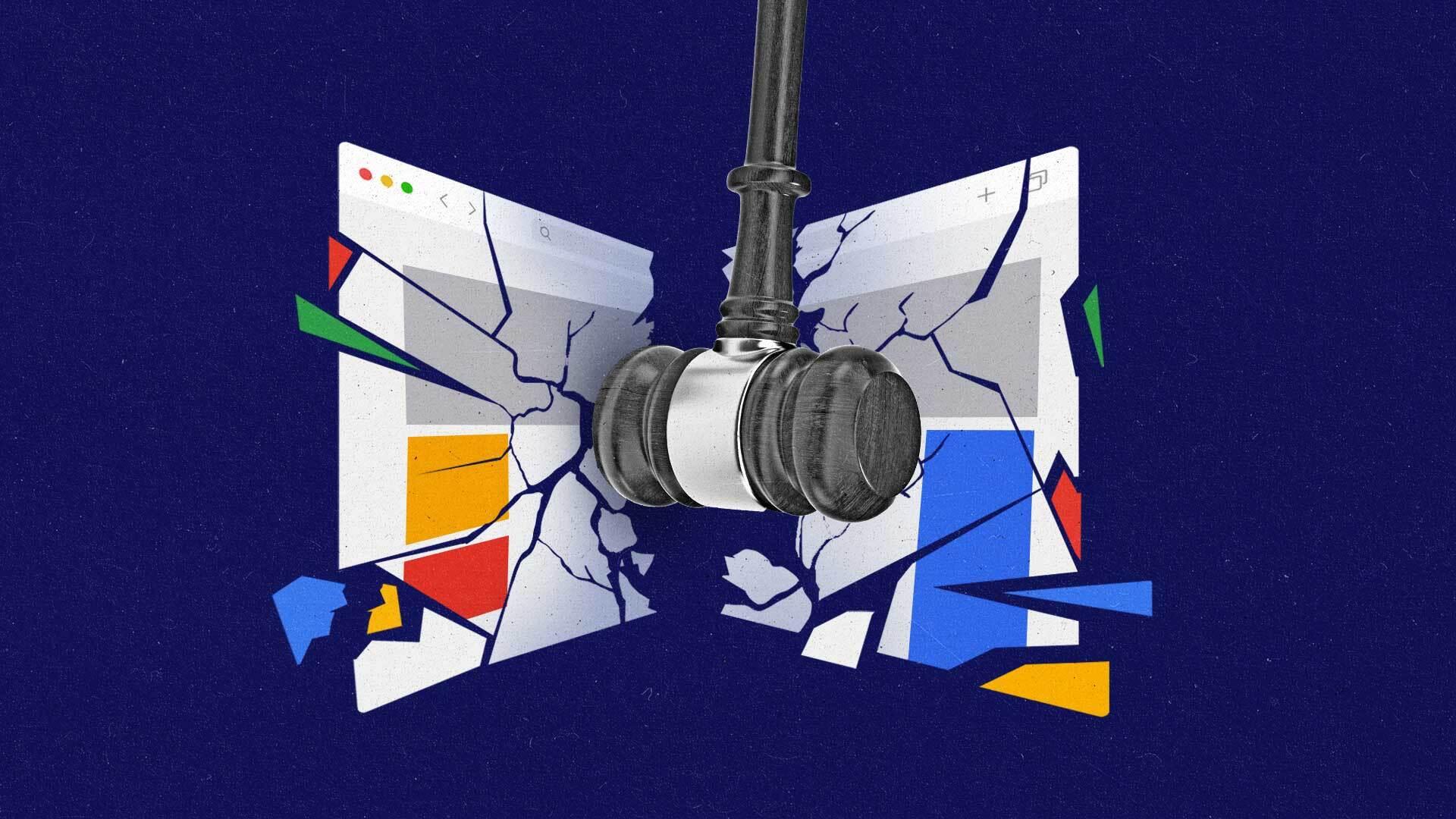 A gavel smashes through a browser window full of Google ads.