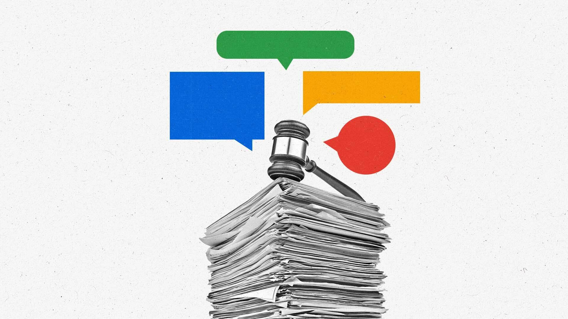 A stack of papers with a gavel sitting on top and speech bubbles hovering around the gavel.
