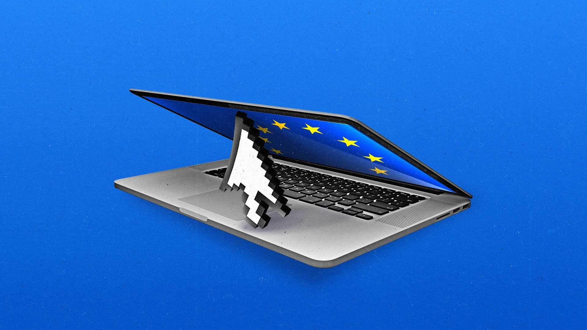 A computer screen with an EU flag on it is being held open with a cursor.