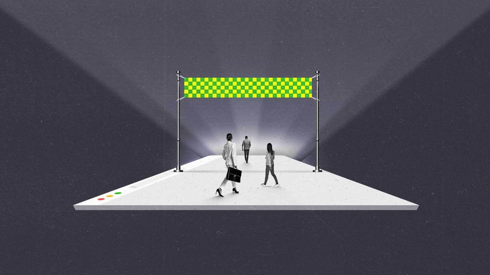 A group of advertisers walk across a web browser and under an open archway.