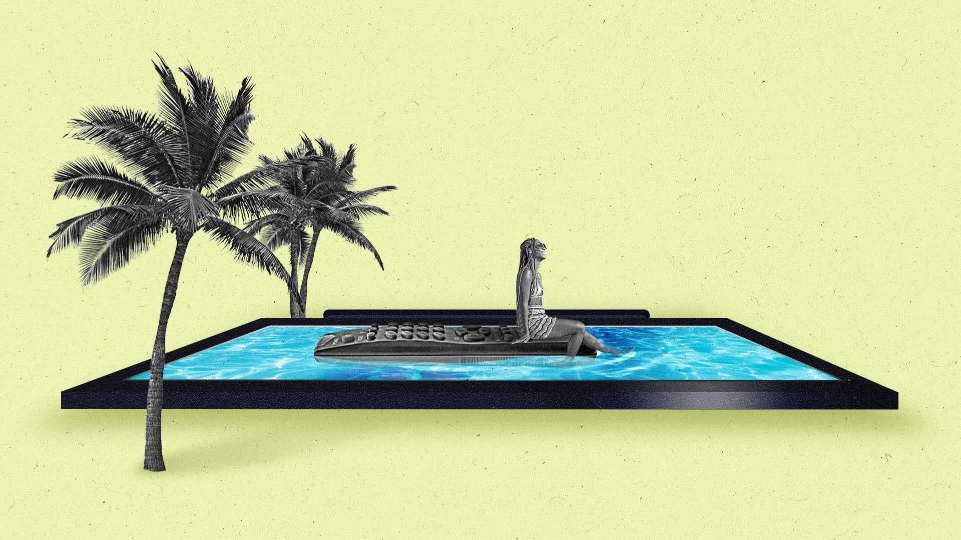 A pool in the shape of a TV screen with a person happily floating on a remote.