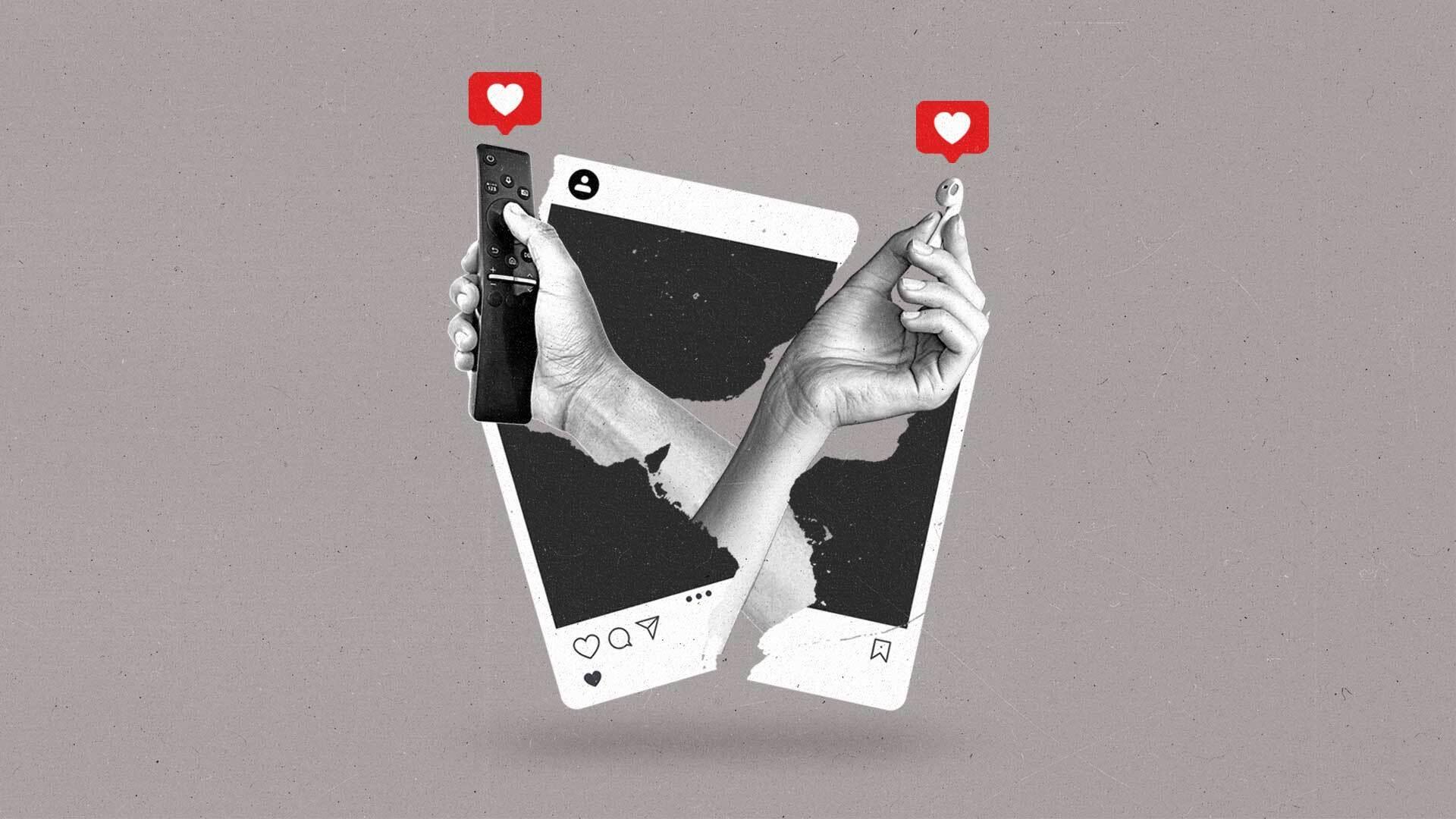 Two hands holding an earbud and a streaming remote emerge from a torn social media post as like bubbles levitate above them.