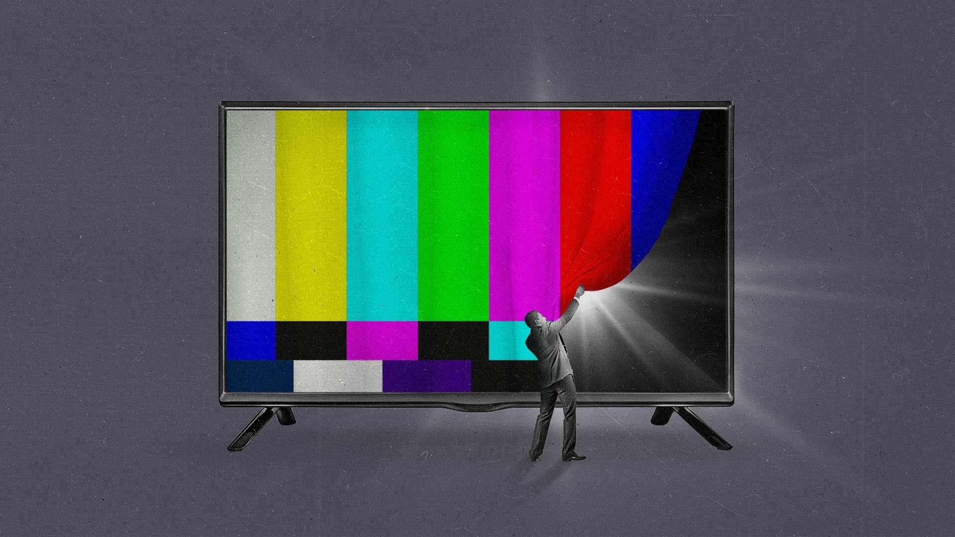 A TV showing color bars. A marketer pulls back the bars like a curtain to reveal a bright light from behind the screen.