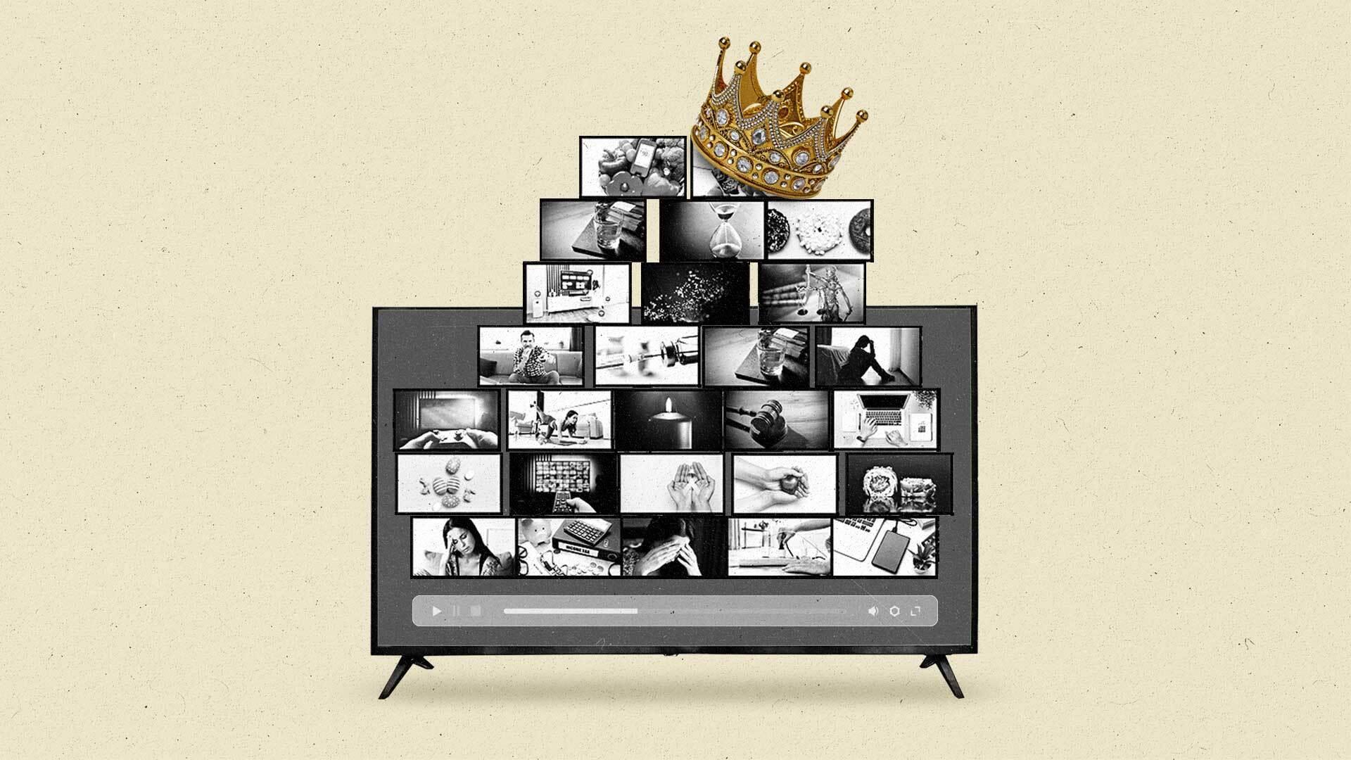 A connected TV shows a pile of programming screenshots, with a golden crown on top.