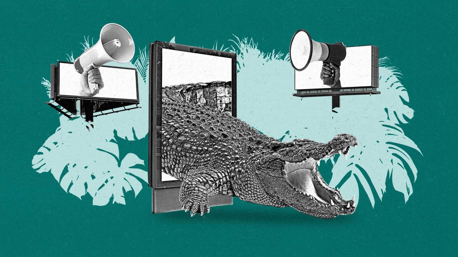 A crocodile crawls out of a DOOH kiosk and two hands with megaphones emerge from digital billboards.