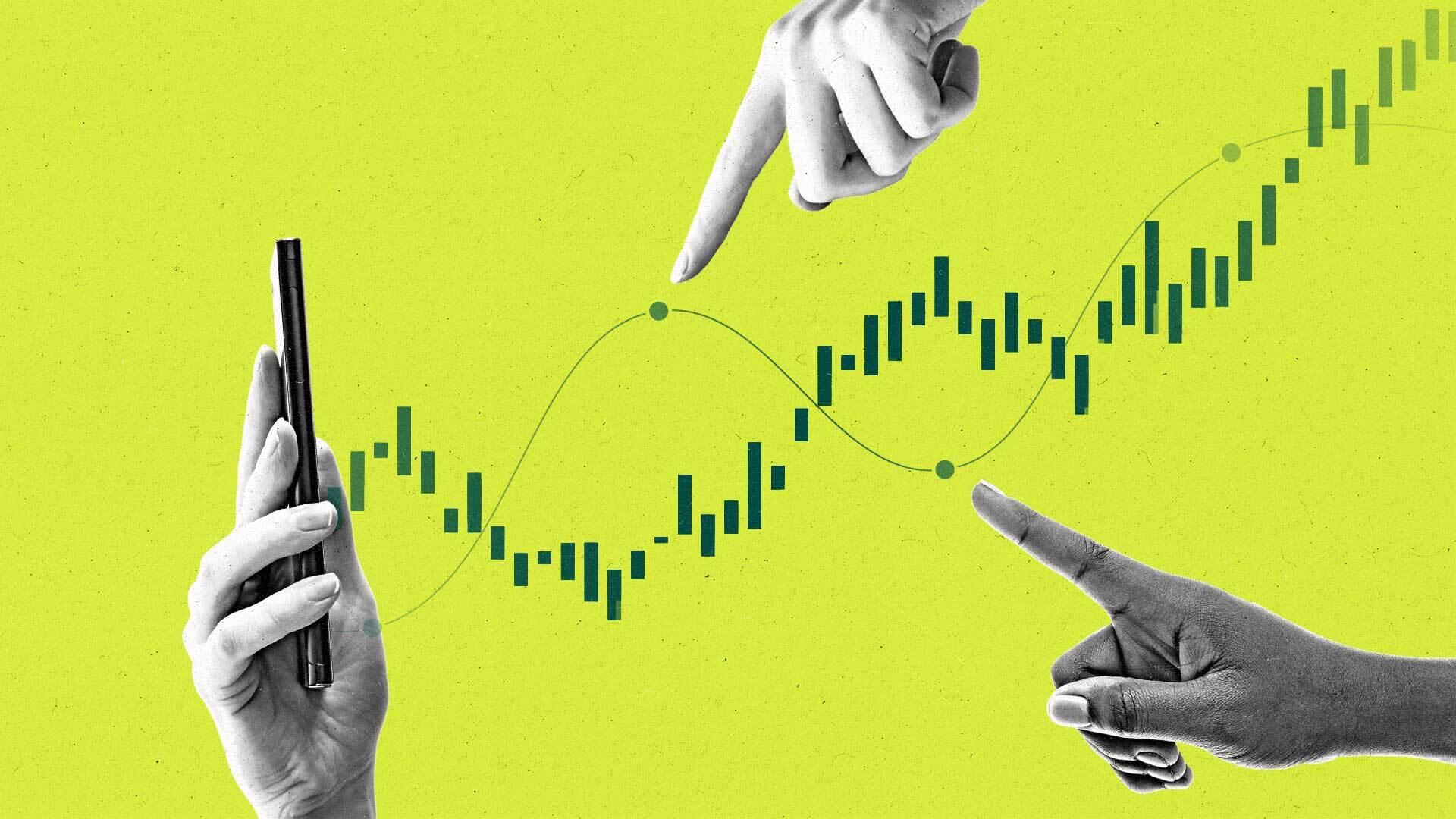 A financial graph flows out of a smartphone being held by a hand, while two other hands point to metrics on the graph.