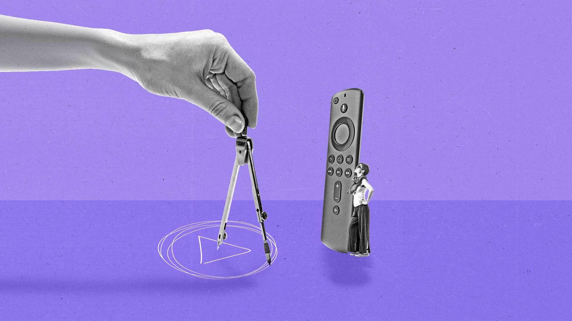 A person uses a compass to draw out a play button as a woman holding an oversized connected TV remote watches.