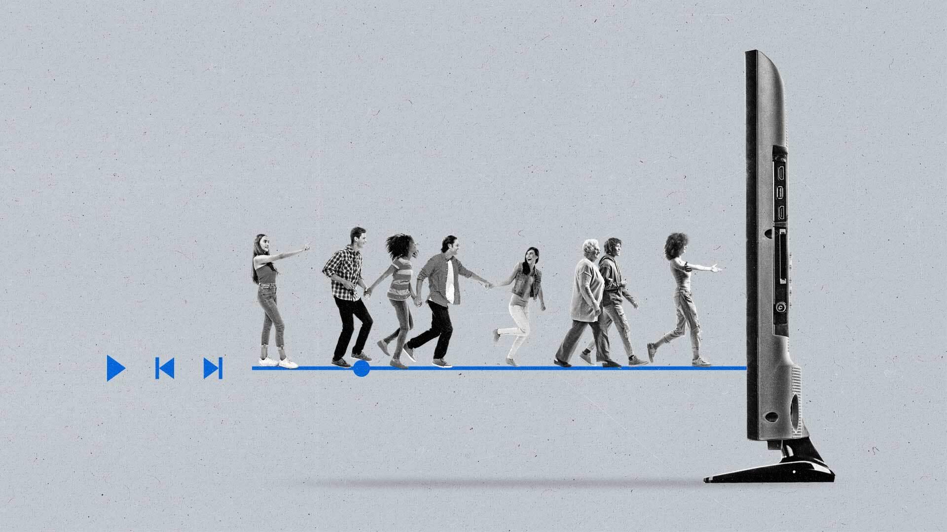 A group of people walk across a streaming progress bar into a connected TV.