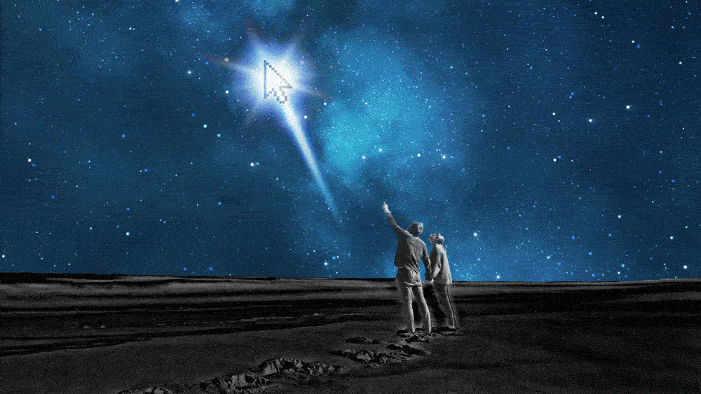 A man and a woman point at a cursor shooting upwards through the night sky.