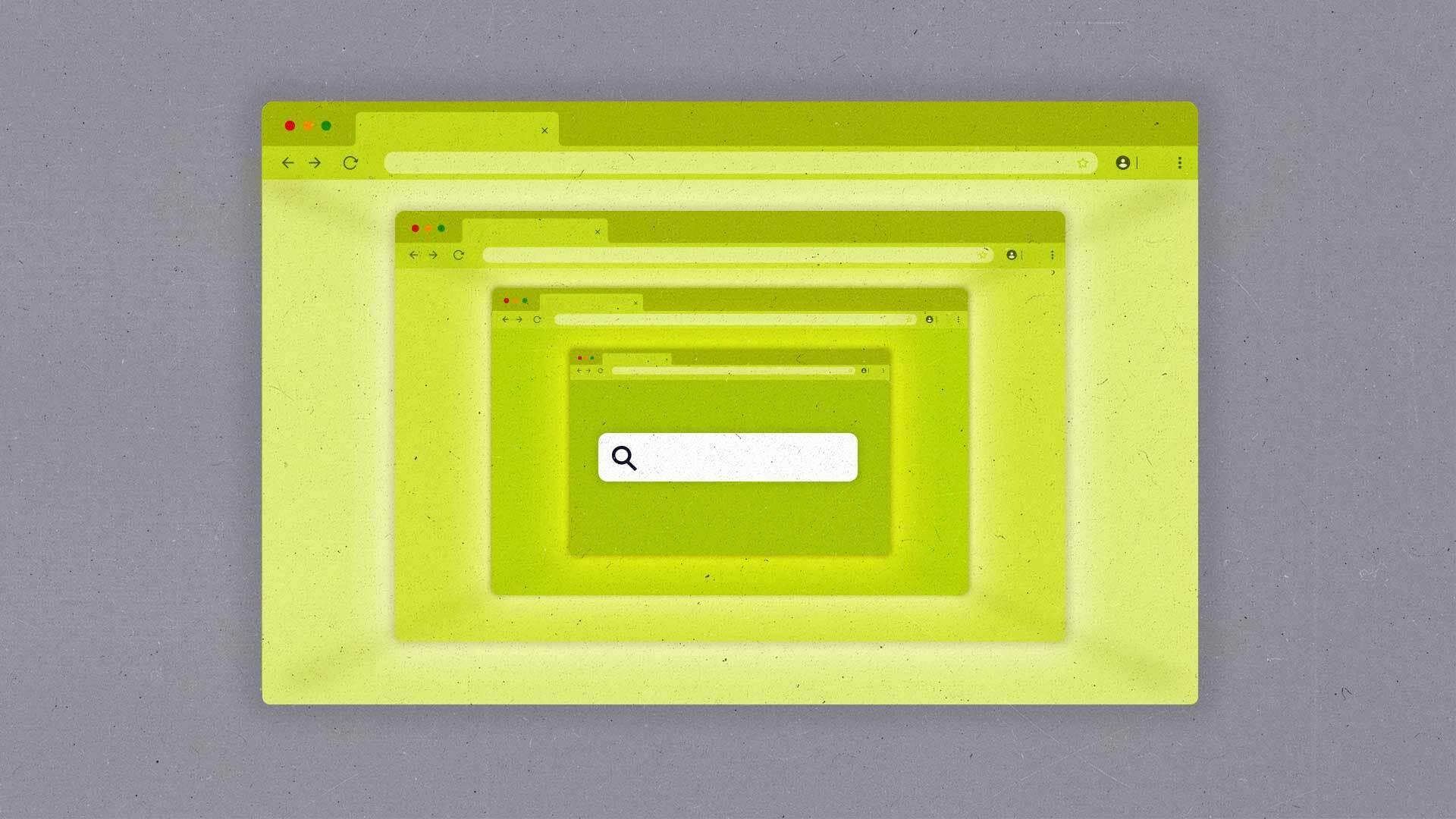 A photo collage illustration of a series of web browsers getting smaller and smaller with a search bar in the center.