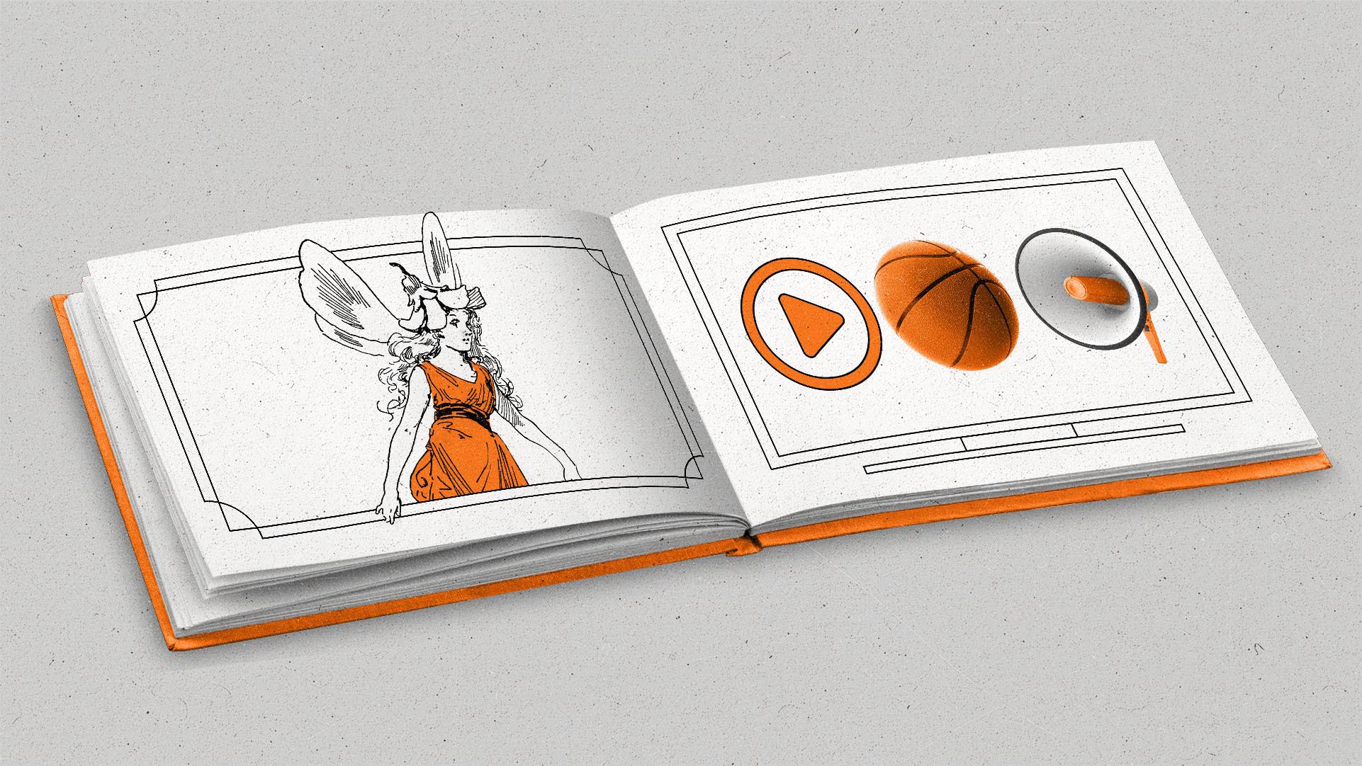 An open picture book with fairy, stream play button, basketball, and a megaphone illustrated on the pages.