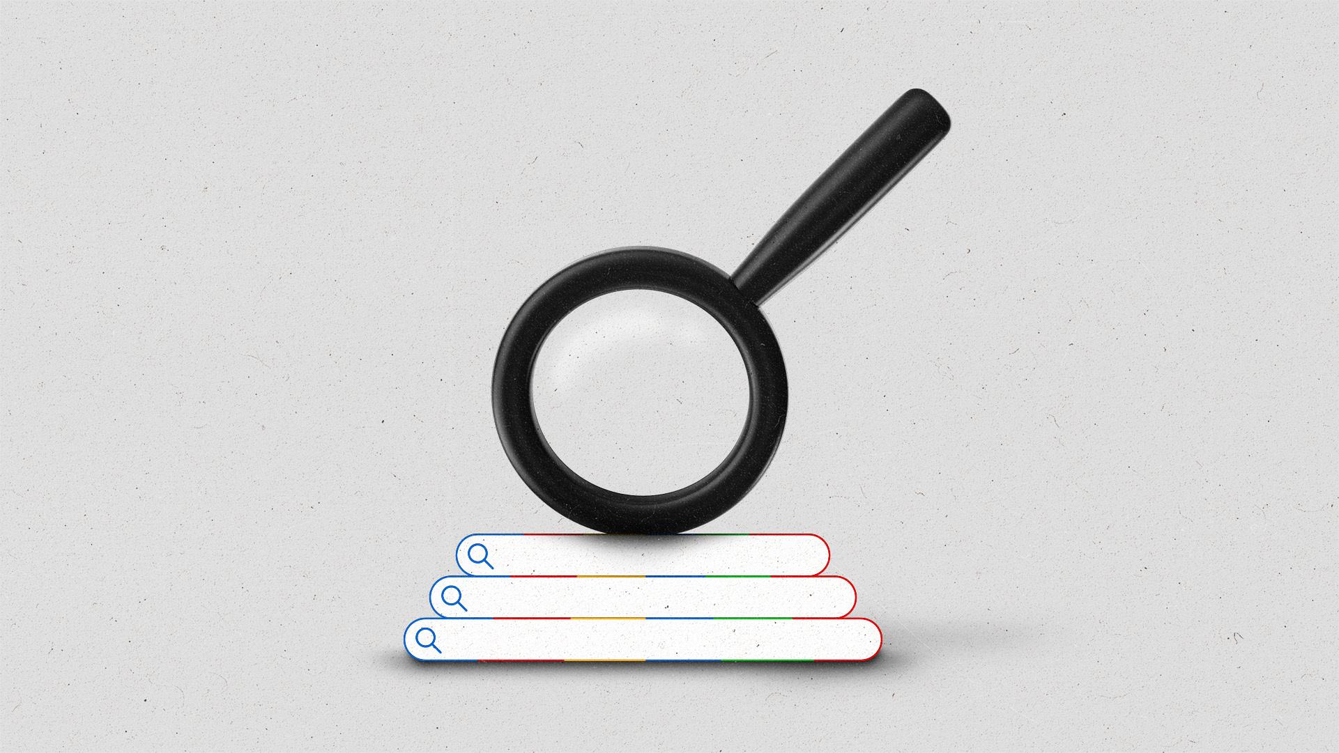 A magnifying glass hitting a stack of search bars like a gavel.