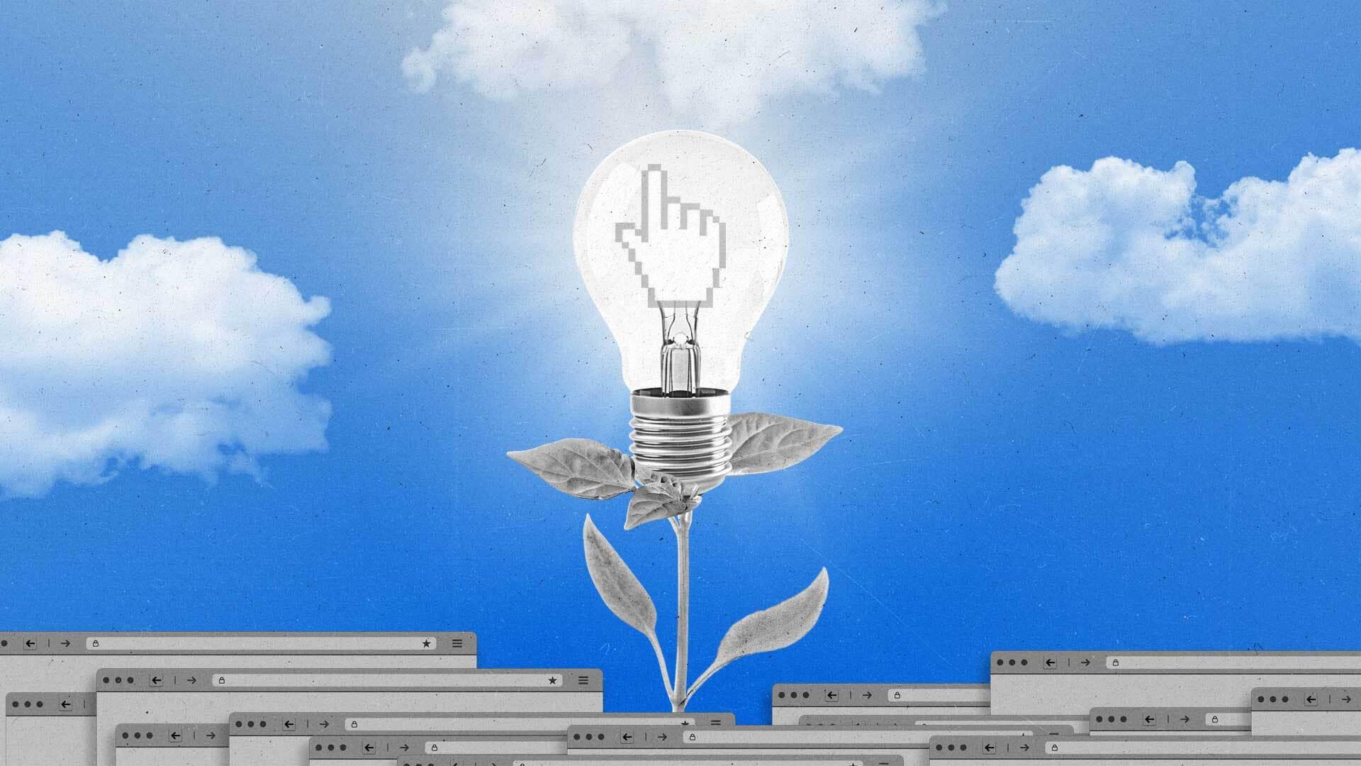 A lightbulb-topped plant with a glowing finger cursor grows from a pile of browsers to an open, blue sky.