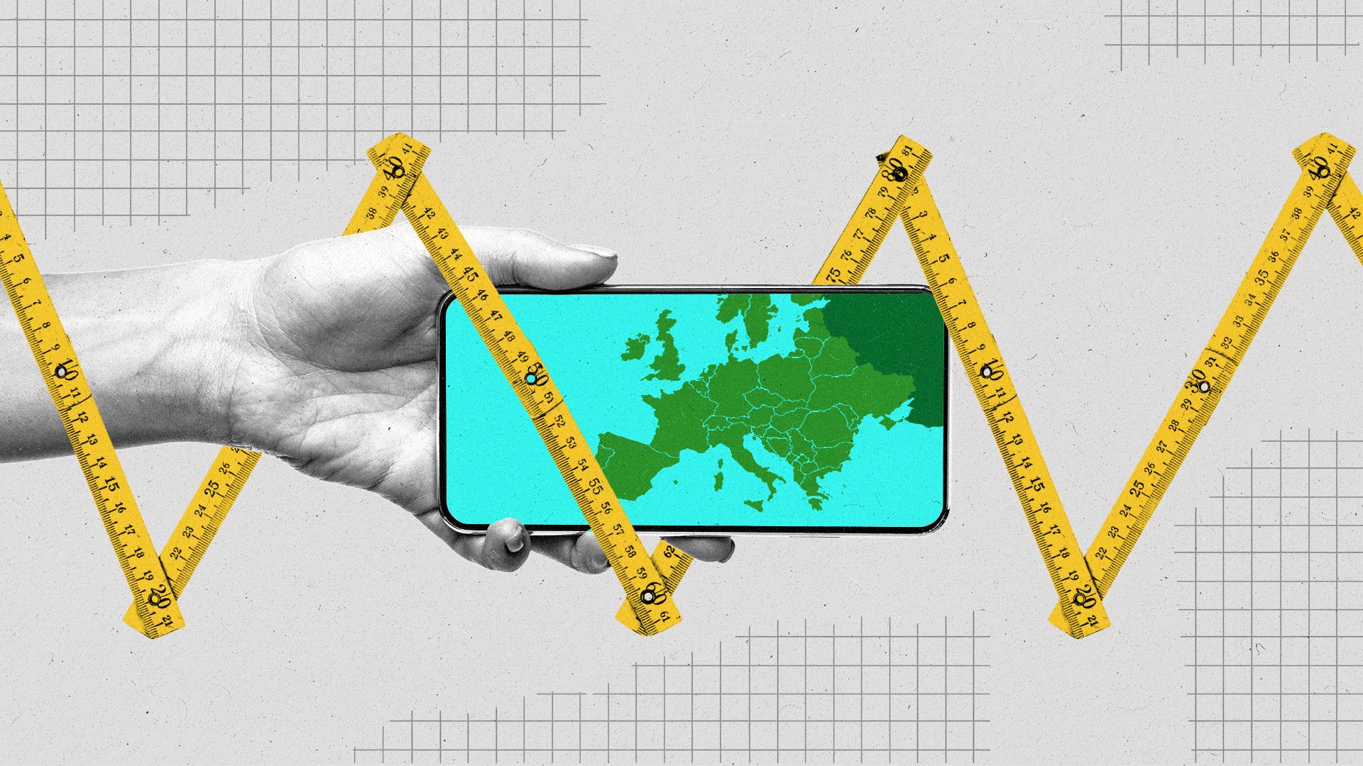 Hand holds a phone with a map of the world on it with a yellow tape measurer appearing across the image.