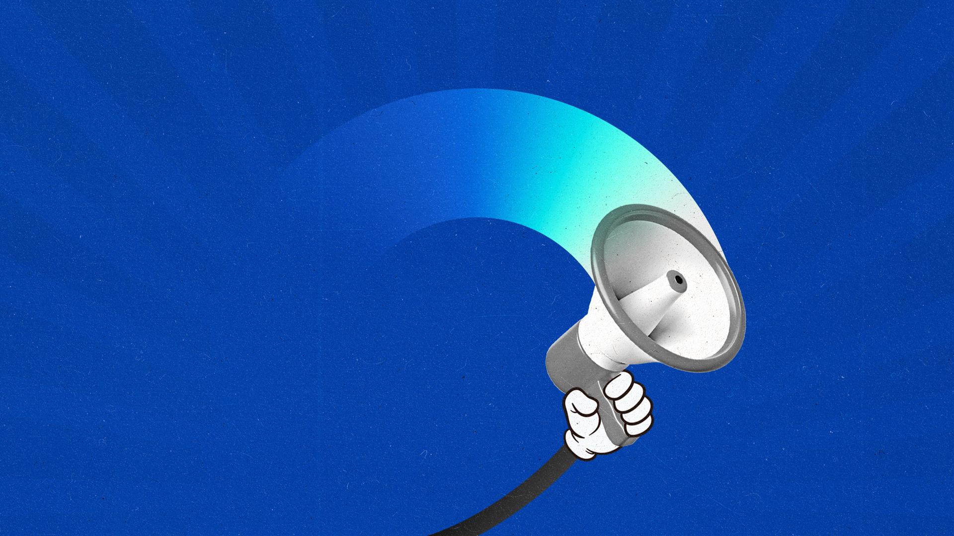 Mickey mouse hand holds a megaphone on a blue background.