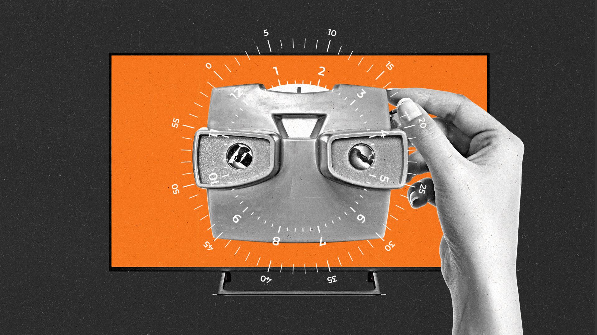 Hand holds a vintage view master toy with a number dial surrounding the toy.