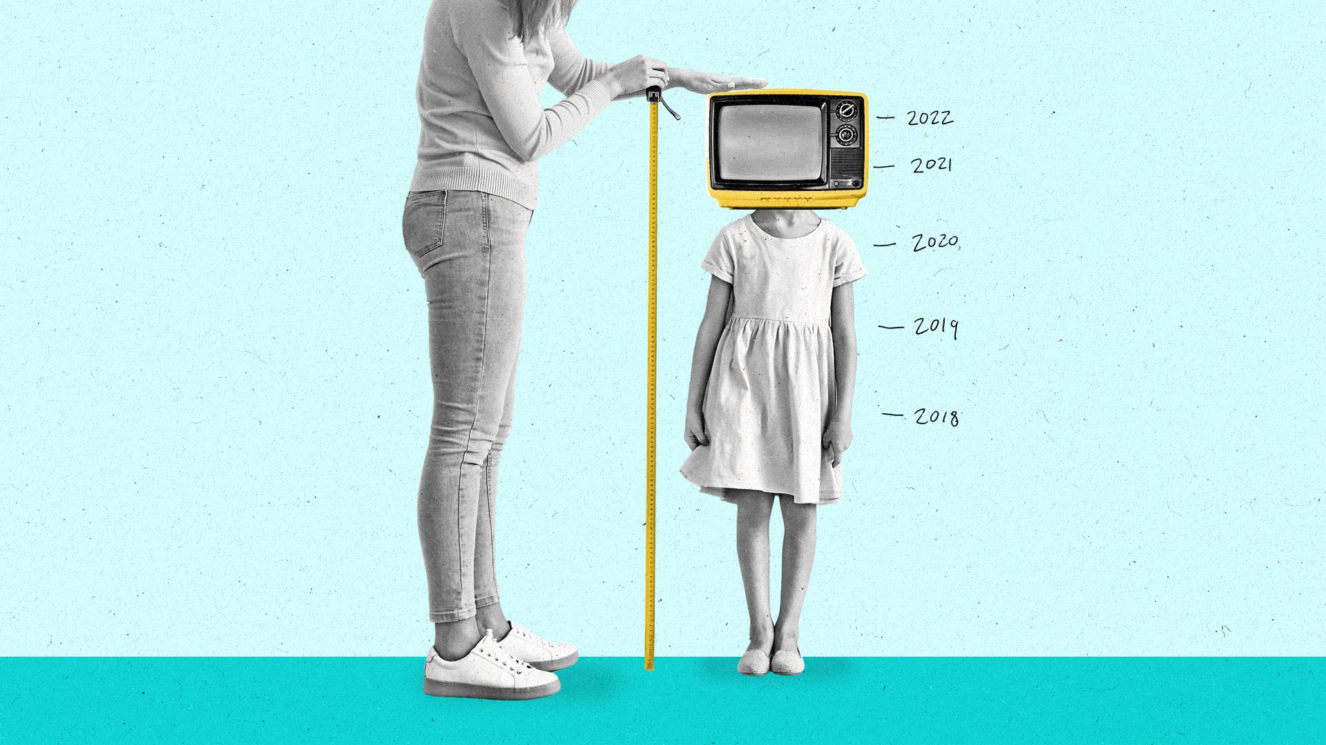 Child with TV for a head is measured by an adult with a tape measurer.