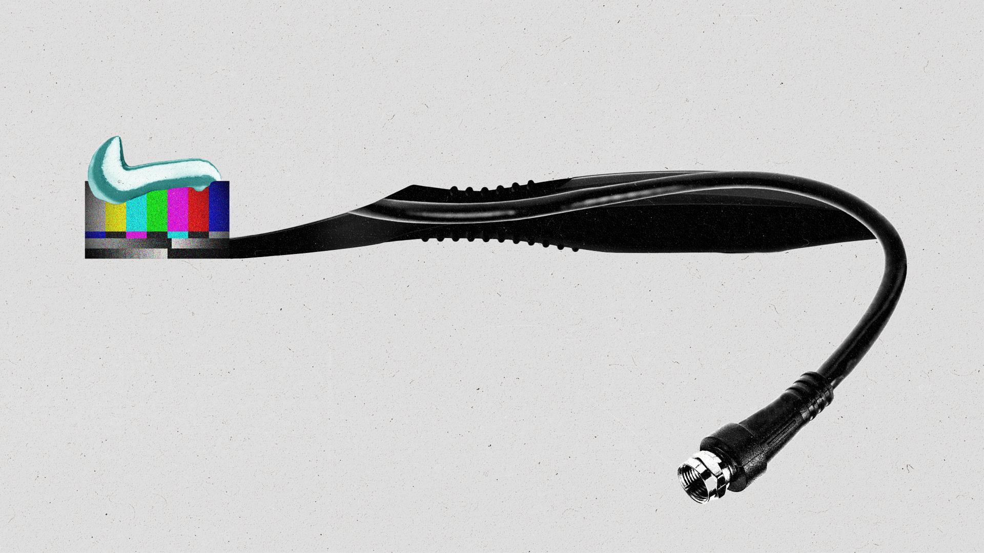 Toothbrush with a cord emerging from one end and a TV screen as the bristles.