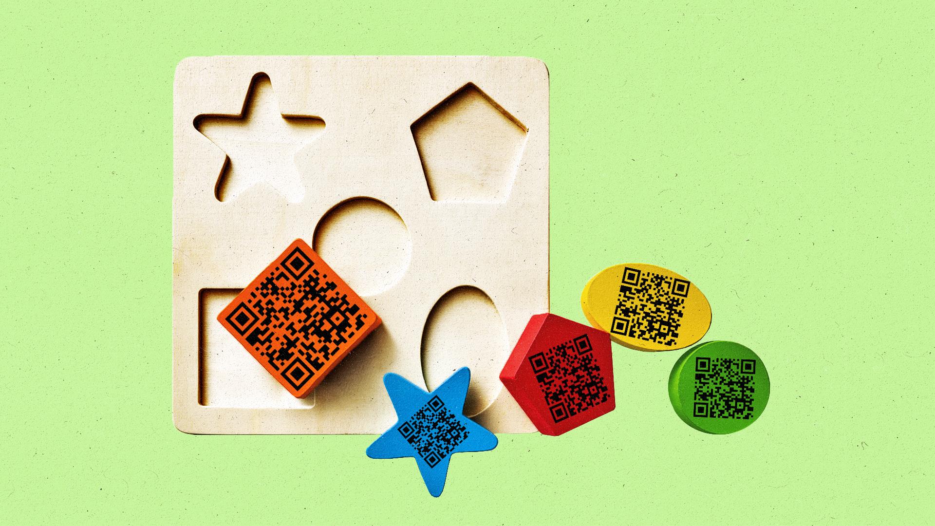 Kids toy with impressions of different shapes next to various shapes with QR codes on them.