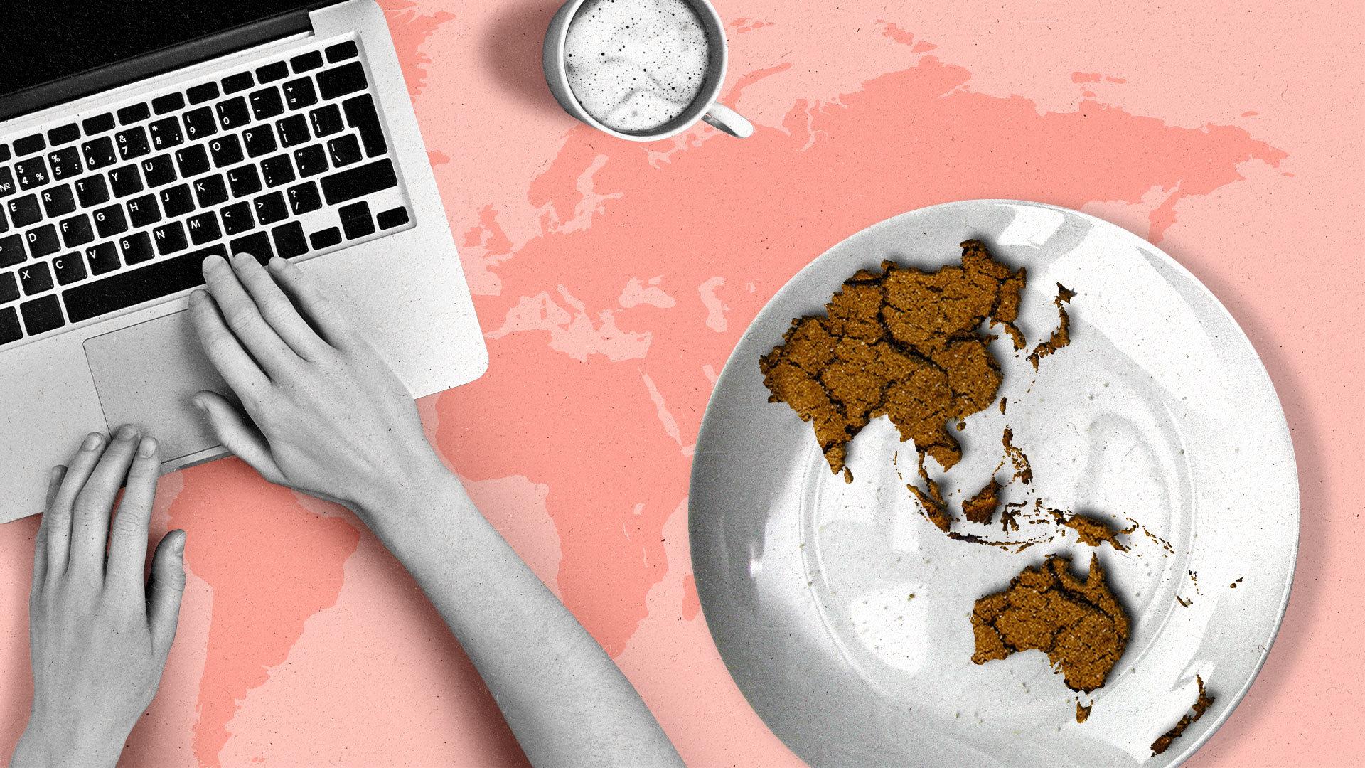 Hand on laptop next to a mug and plate with an APAC region shaped brownie. .