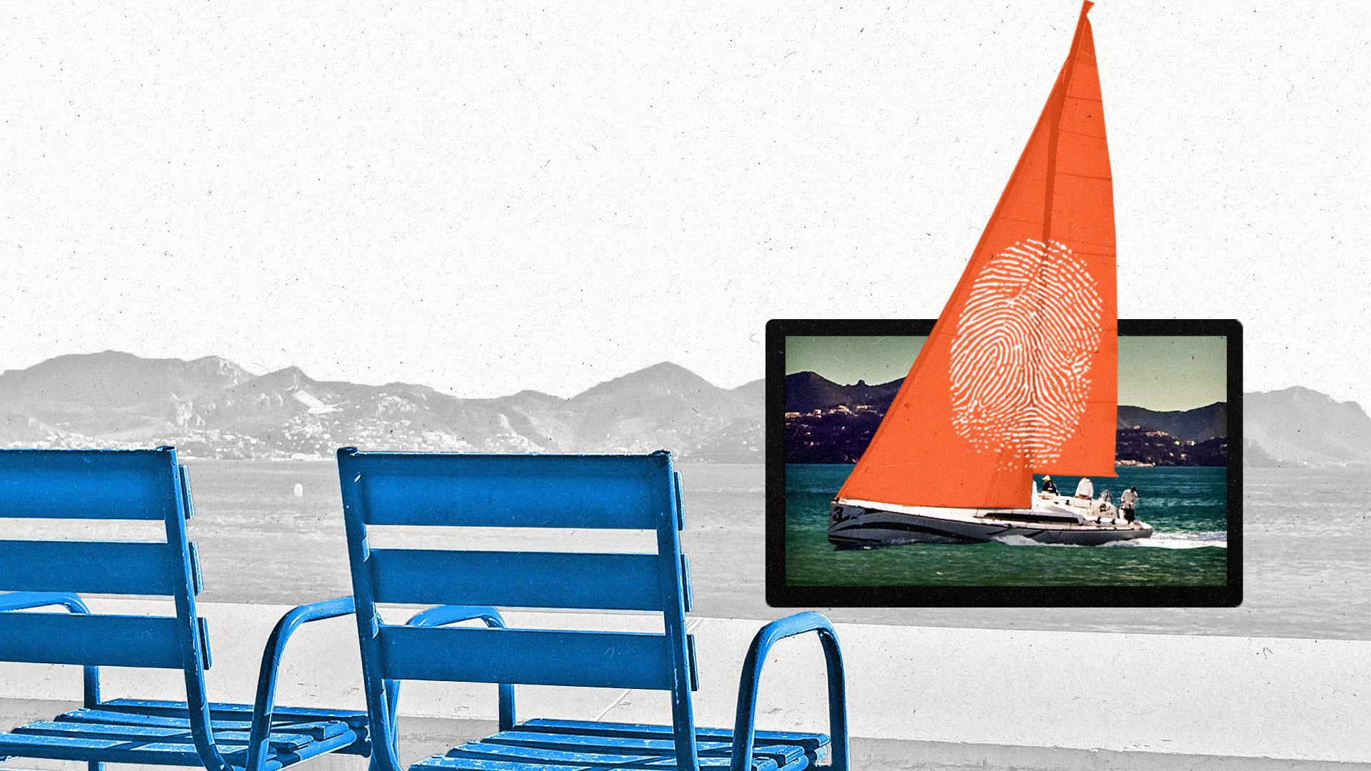 Two blue outdoor chairs overlook a landscape with a TV screen showing an orange sailboat.