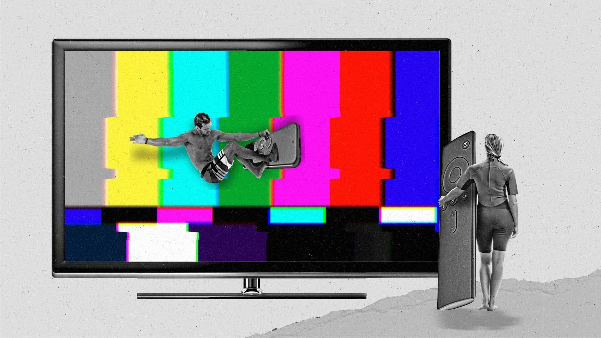 Multicolor TV screen with a man surfing on the screen.