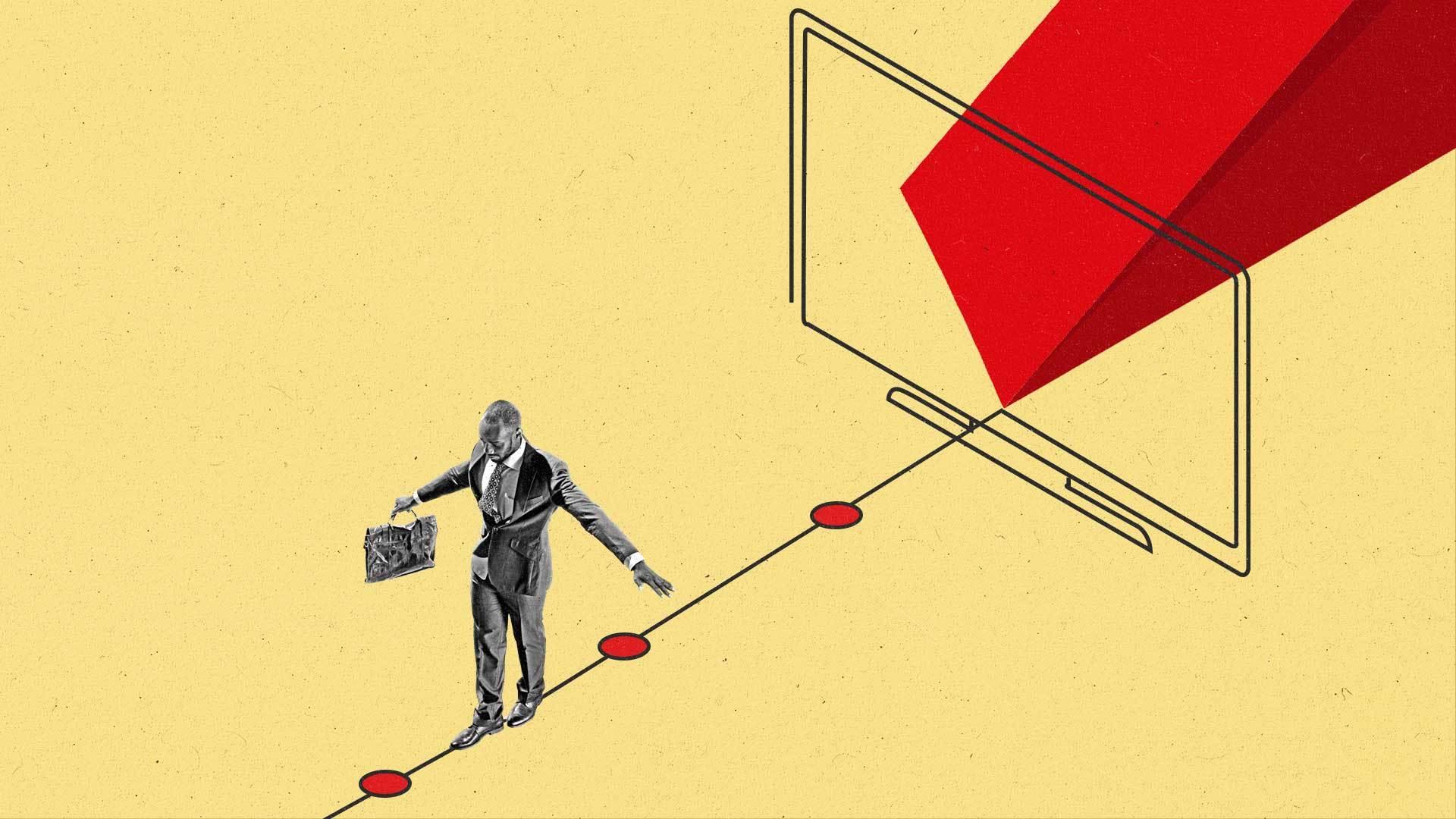 Business man balances on a tightrope emerging from a TV screen.