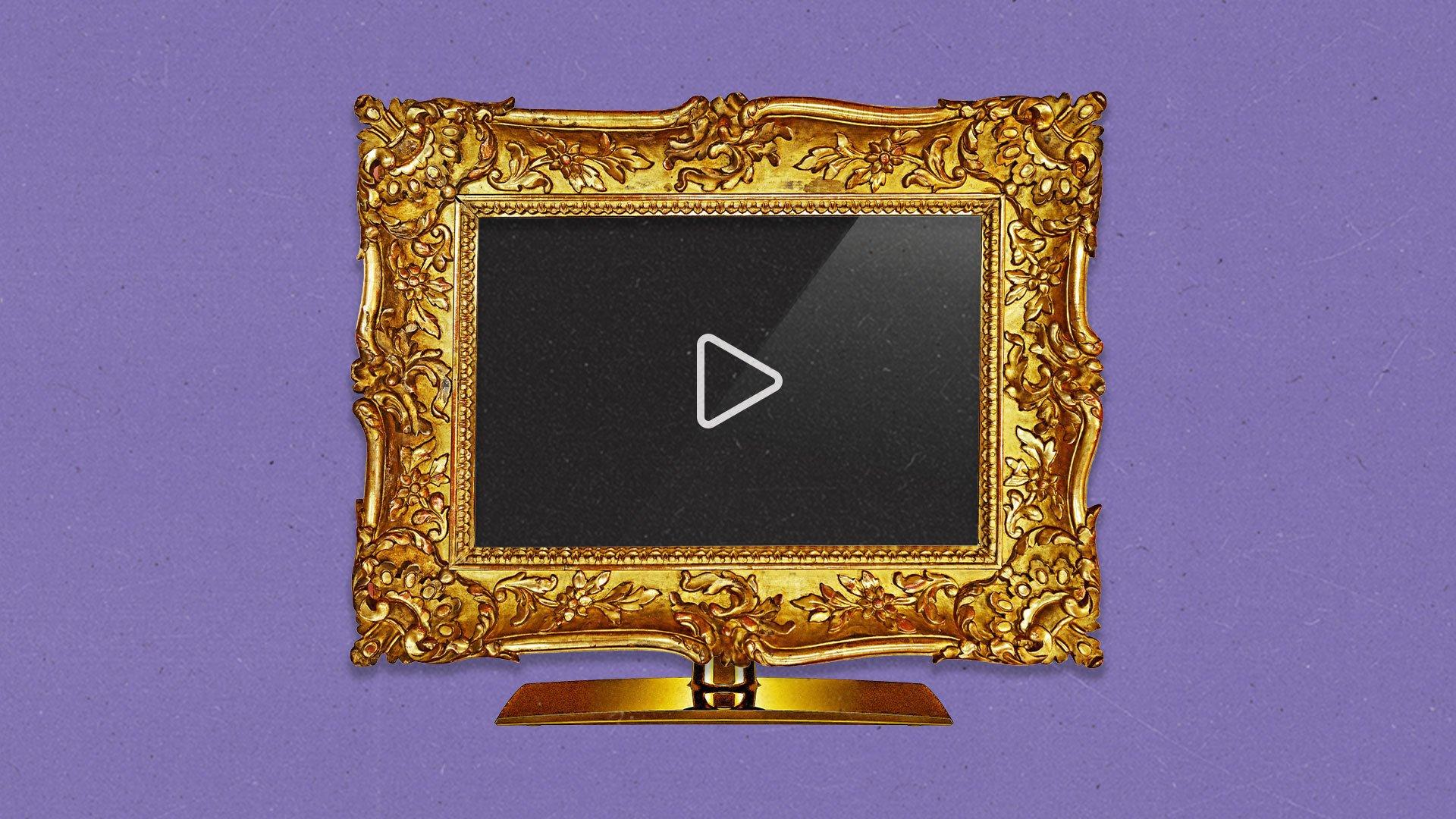 A TV screen with a gold decorative frame shows a play button on the screen.