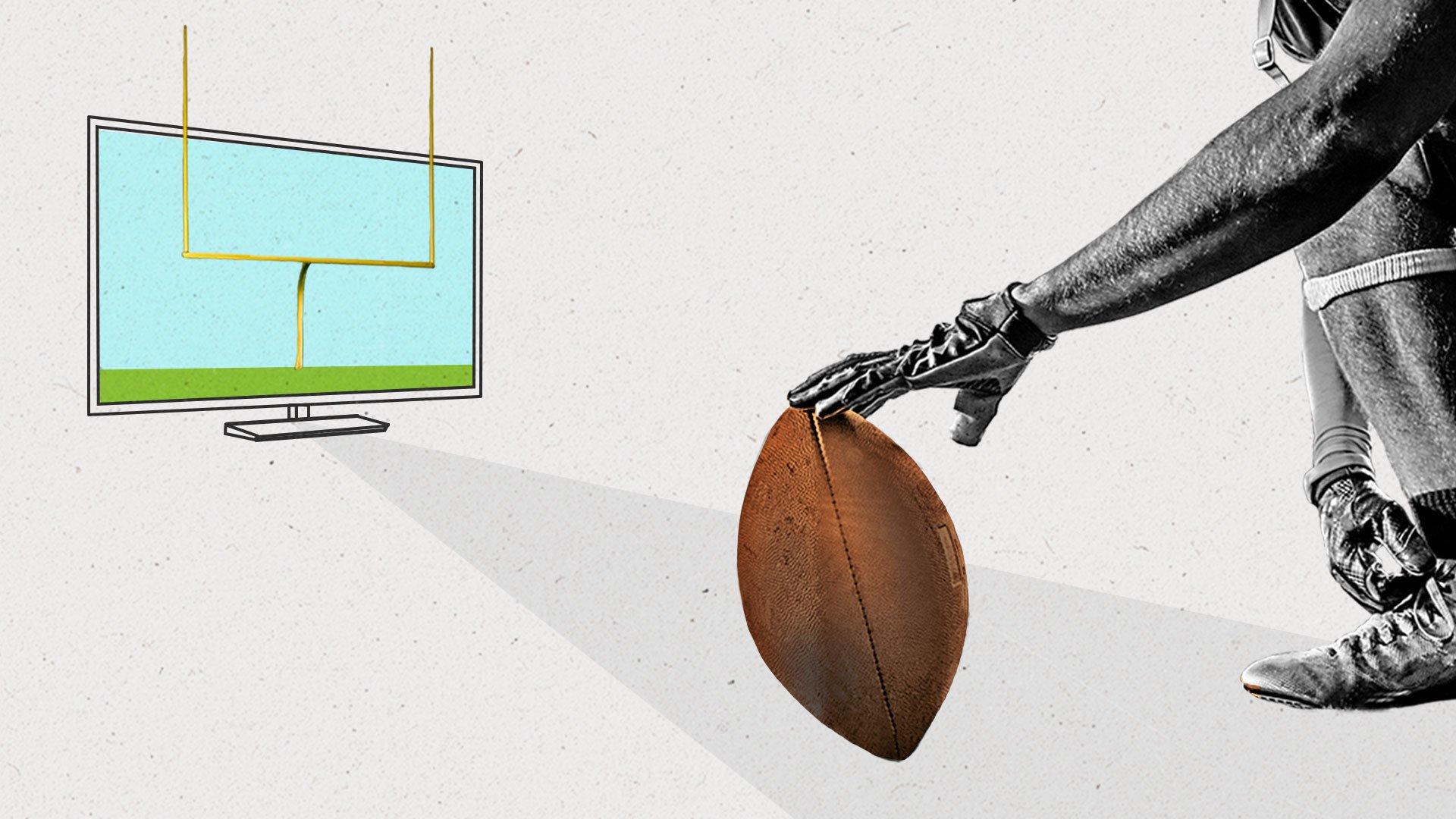An American football player holds a football in front a tv that pictures a football goal post that is also protruding out of the tv.