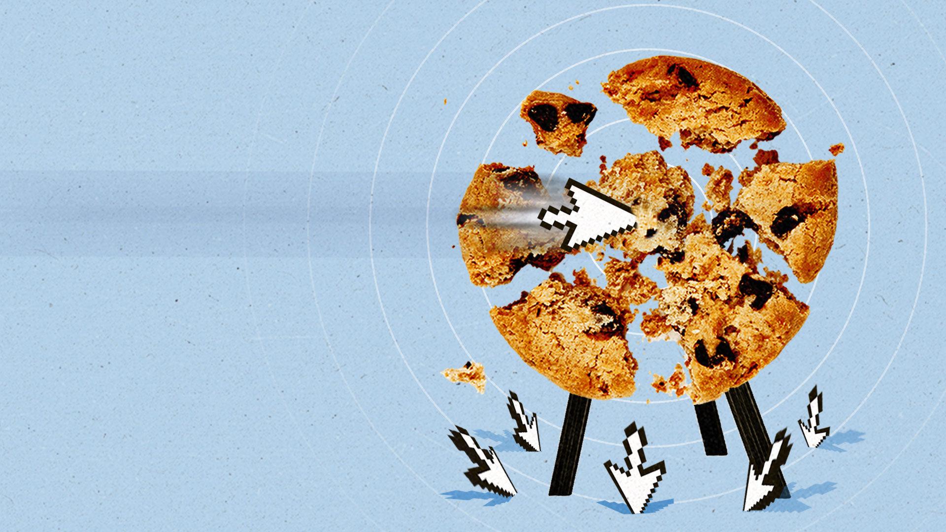 A chocolate chip cookie dartboard crumbles as darts in the form of cursors fall to the ground
